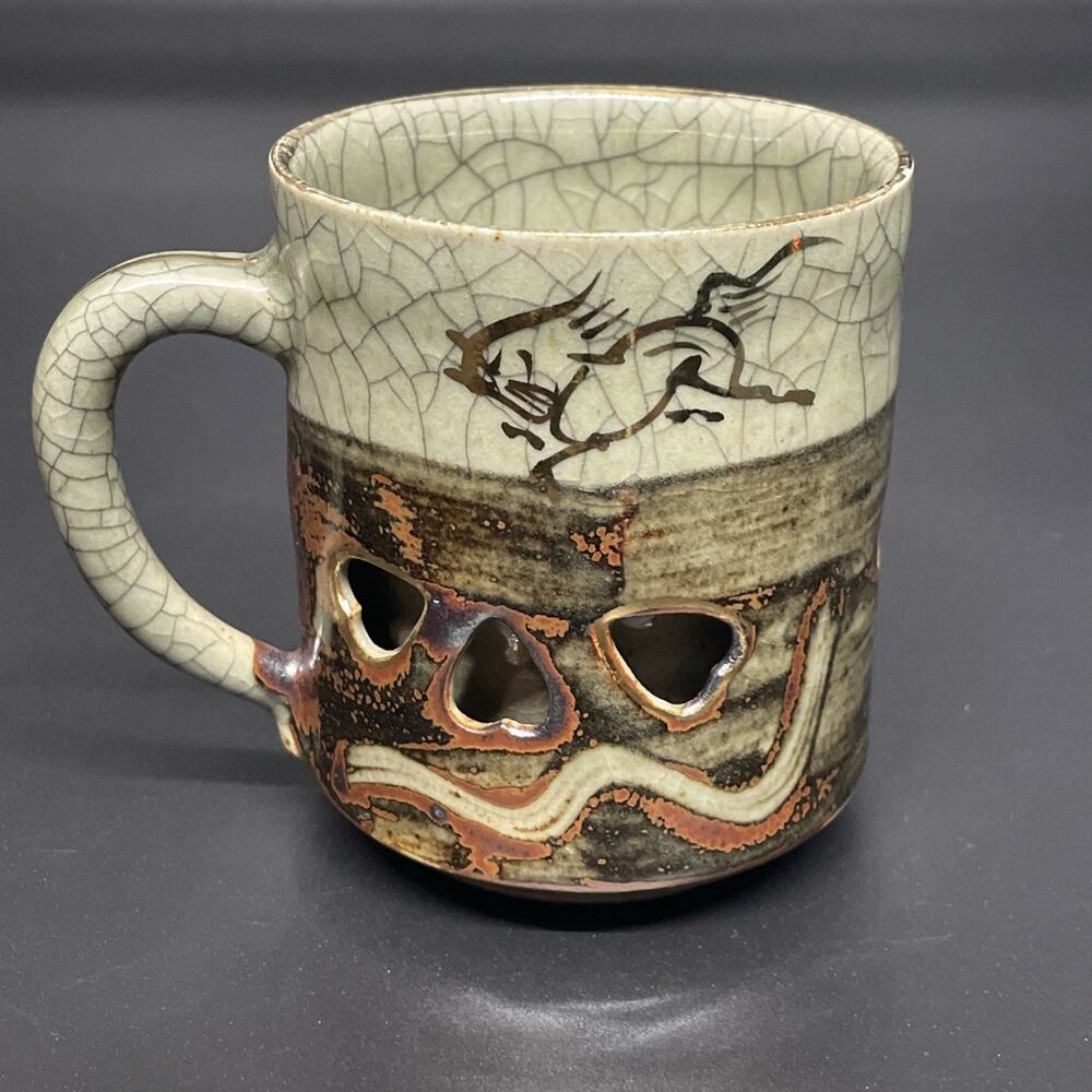 Vtg Otagiri Somayaki Crackle Glaze Double Wall Large Mug Soma Ware Green Horse